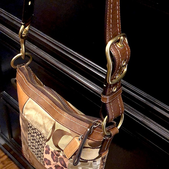 COACH Patchwork Top Zipper Crossbody Tote Shoulder Bag Brown Lining - Picture 4 of 17